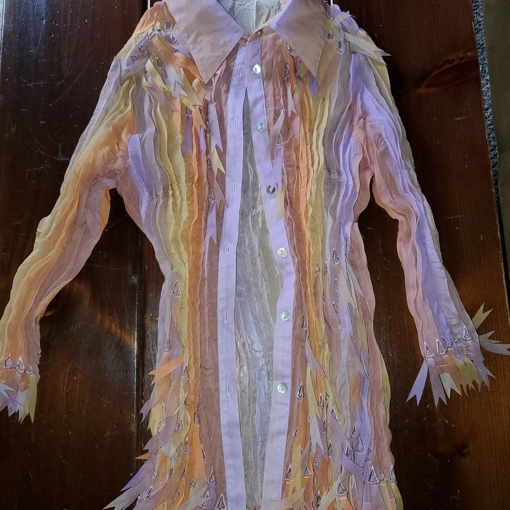 Sheer Multi-Striped Long-Sleeve Blouse - Pastel Lavender, Peach & Cream